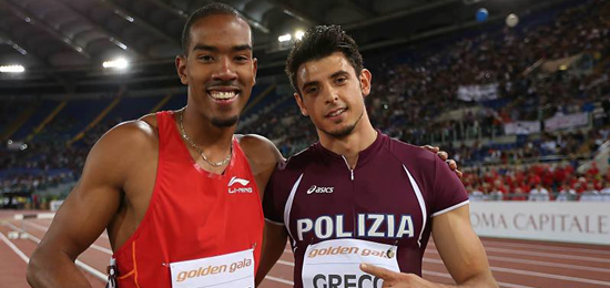 Daniele Greco con il campione olimpico Christian Taylor al Golden Gala di Roma
