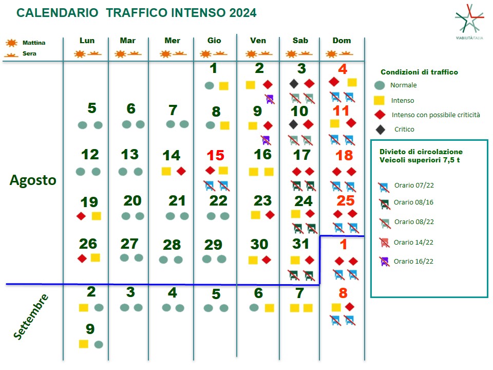 calendario traffico intenso agosto  2024